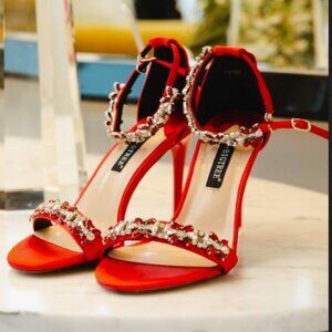 Red Rhinestone Ankle Strap Heels — Elegant Satin Stiletto Sandals Size 8
